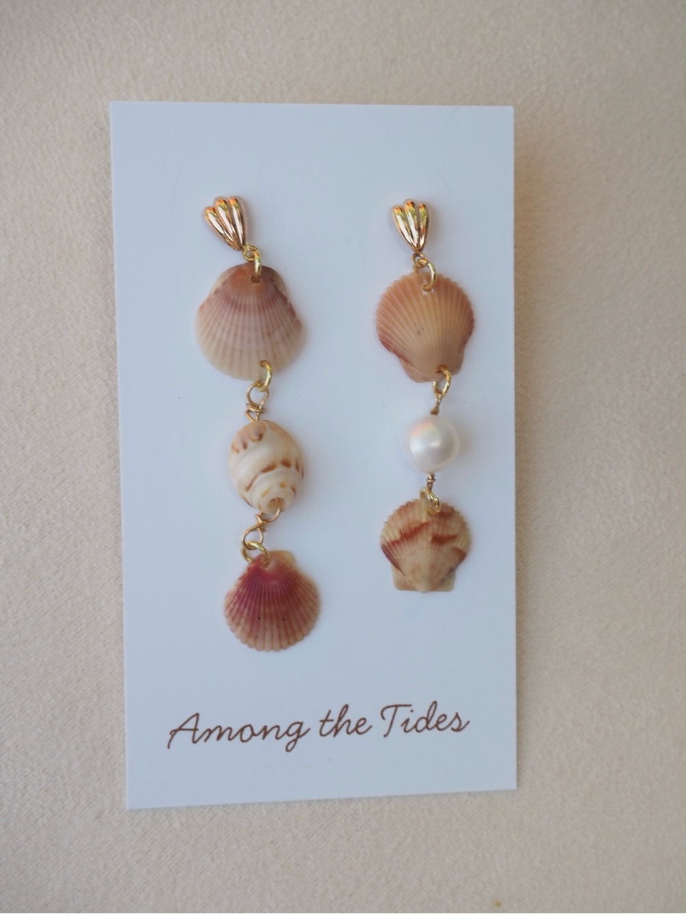 Handmade Seashell Drop Earrings with Pearl Accent - Pink & Cream